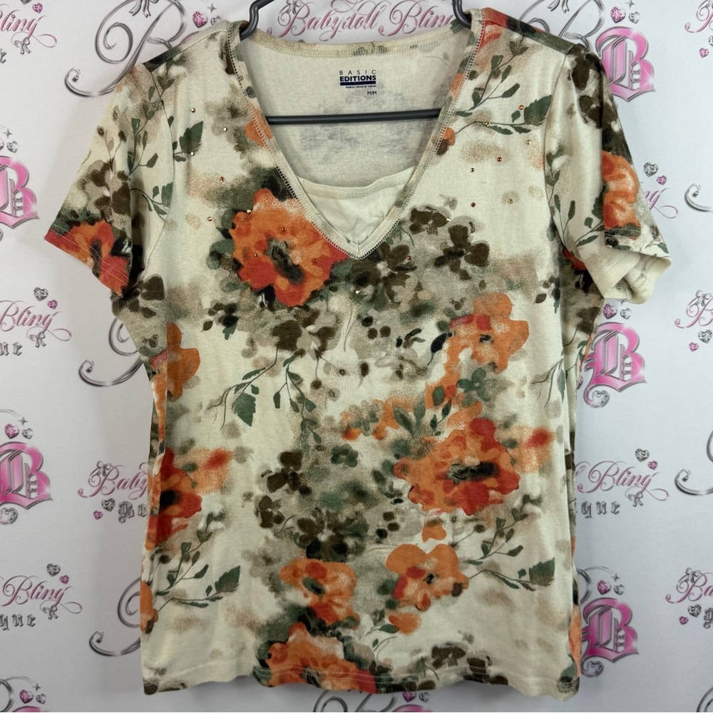 Basic Editions T-shirt studded rhinestone cream Orange Floral Short Sleeve Top